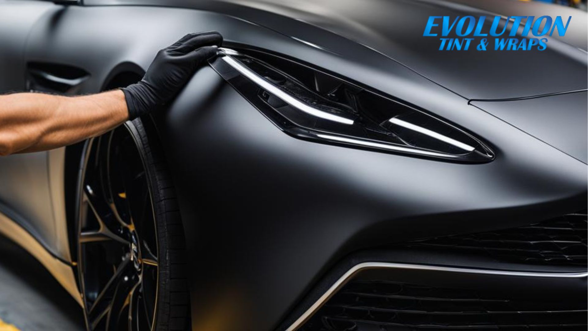 A close-up of a sleek, matte black car with a gloved hand inspecting the headlight. The car features a luxury design, and the "Evolution Tint & Wraps" logo is displayed in the top right corner
