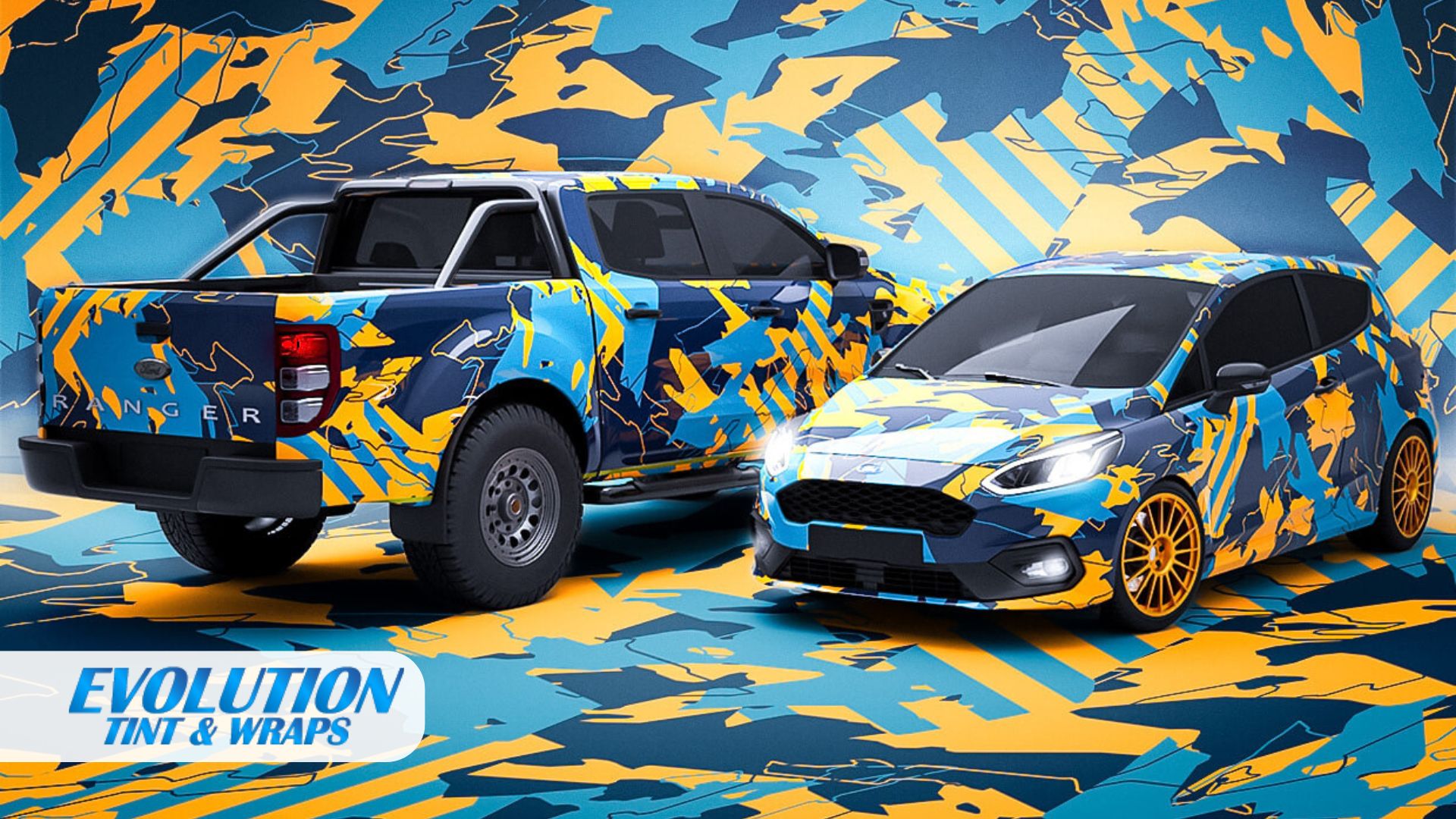 Two wrapped vehicles—a Ford Ranger and a compact car—feature bold, abstract blue, yellow, and orange camouflage designs, parked in front of a matching background with the Evolution Tint & Wraps logo.