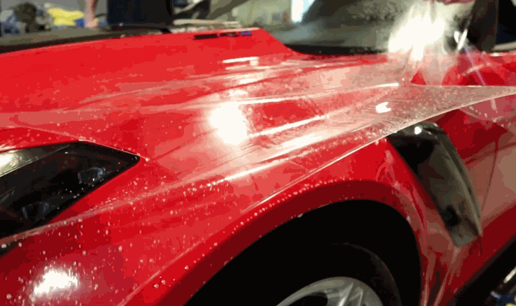 A clear paint protection film is applied over the hood of a red Corvette, with water and solution aiding the smooth application.