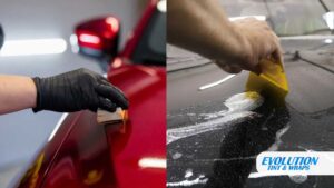 Split image showing two close-ups of car surface treatments. On the left, a gloved hand smooths a red car panel with an applicator.
